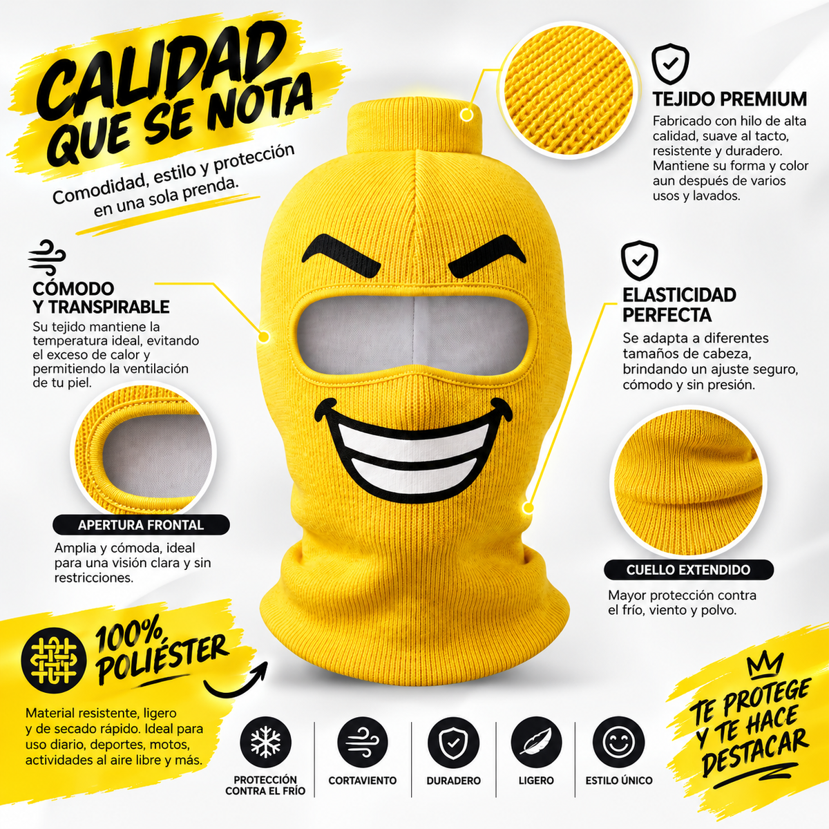 Pasamontañas divertido con cara sonriente